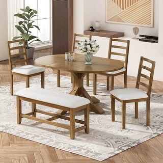 6 PCS Farmhouse Dining Table Set for 6 with Extendable Oval Table - Bed ...