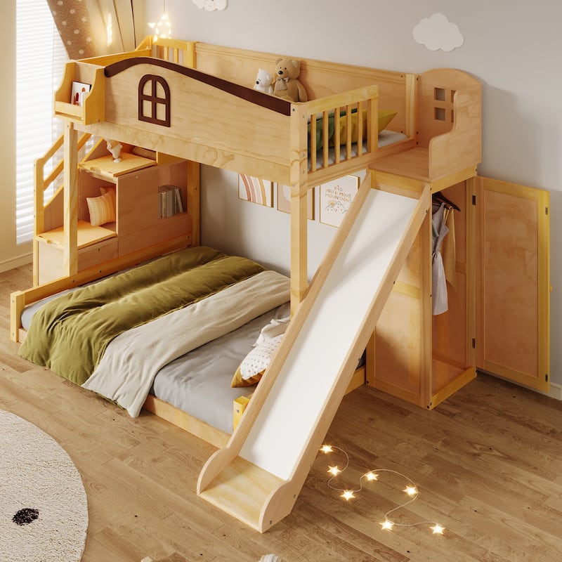 Fairytale Twin Over Full Kids Floor Bunk Bed with Slide, Storage Staircase, Shelves and Wardrobe, Wooden House Bed
