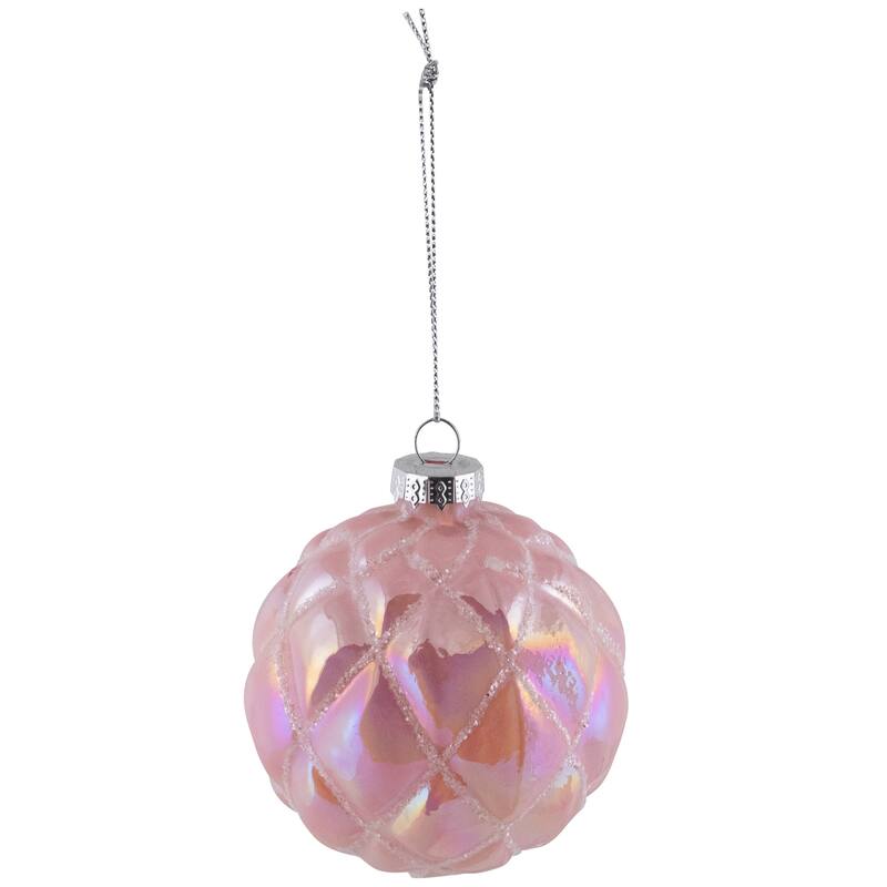 Glittered Geometric Iridescent Glass Ball Christmas Ornaments - 3" (80mm) - Pink - 4ct