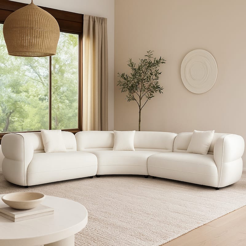 Micy 3pc Sectional Sofa, 3 Accent Pillows, Textured Ivory Polyester