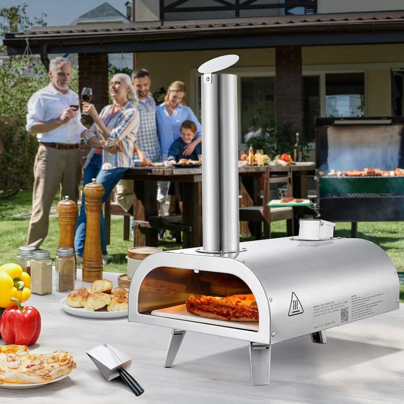Silver Stainless Steel Dual Fuel Pizza Oven with Built-in Thermometer and Portable Design - 15.4 x 26 x 29.5 in