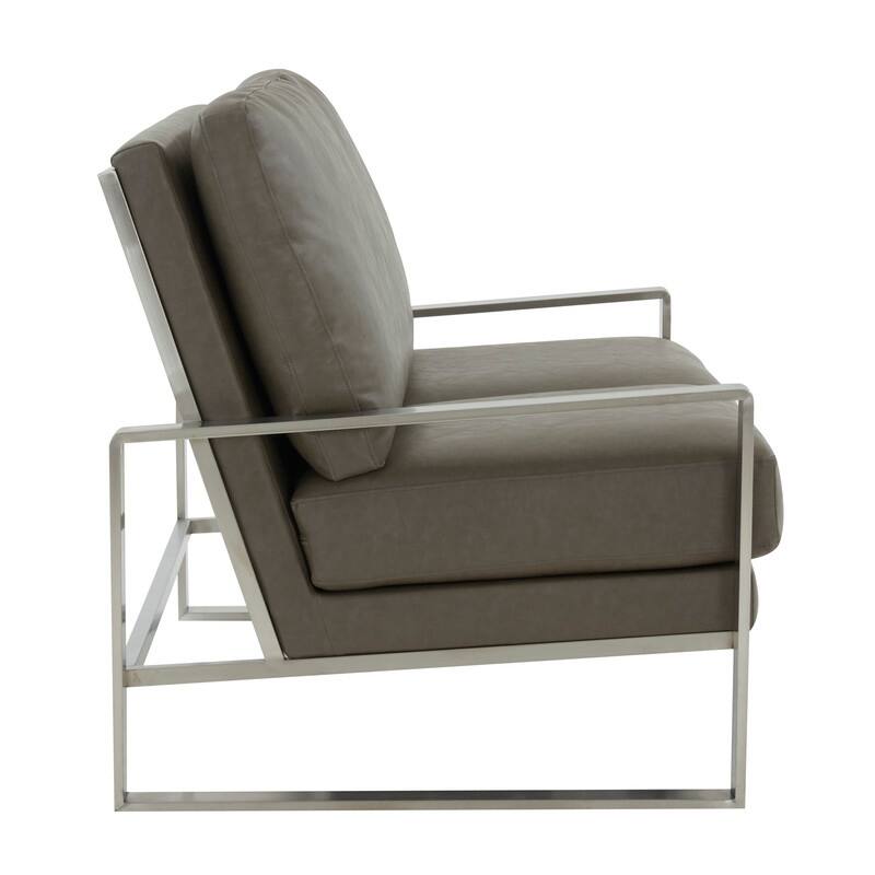 Jefferson Modern Leather Loveseat with Brushed Silver Stainless Steel Base, Removable Cushions, Sinuous Springs, Fully Assembled