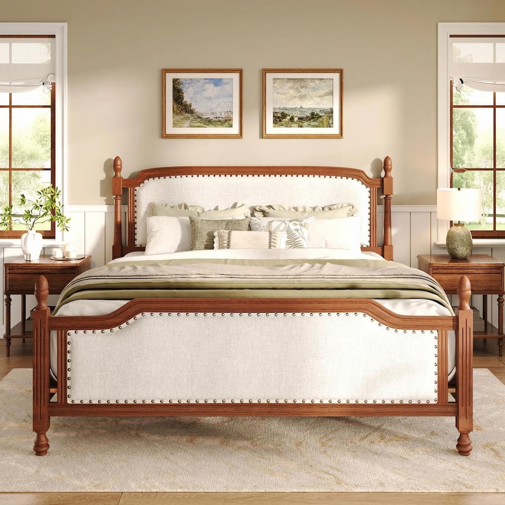 Christopher Knight Home - Classic Upholstered Four Poster Platform Bed with Curved Headboard & Footboard, Wooden Posts
