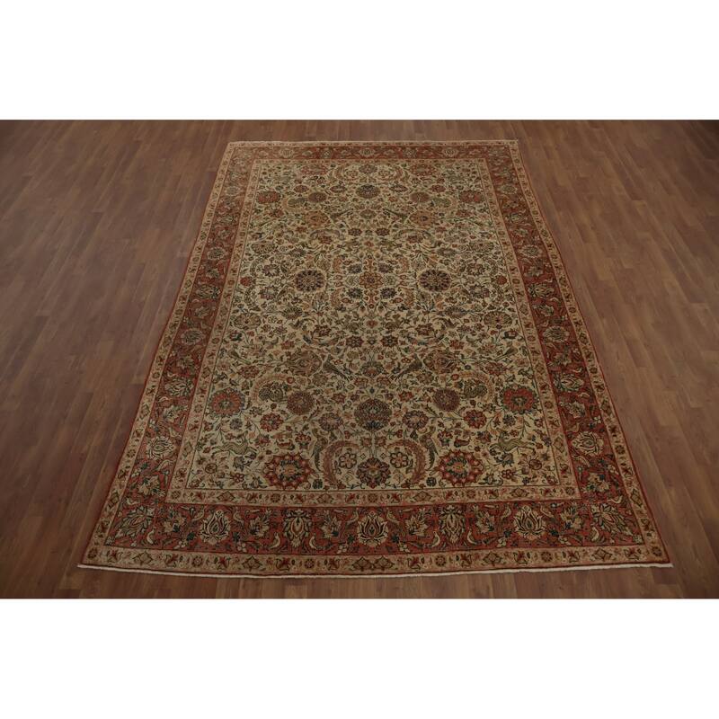 Hand Knotted Oriental 100% Wool Carpet Traditional Floral Beige & Ivories Qum Area Rug - 10' 11'' X 7' 2''