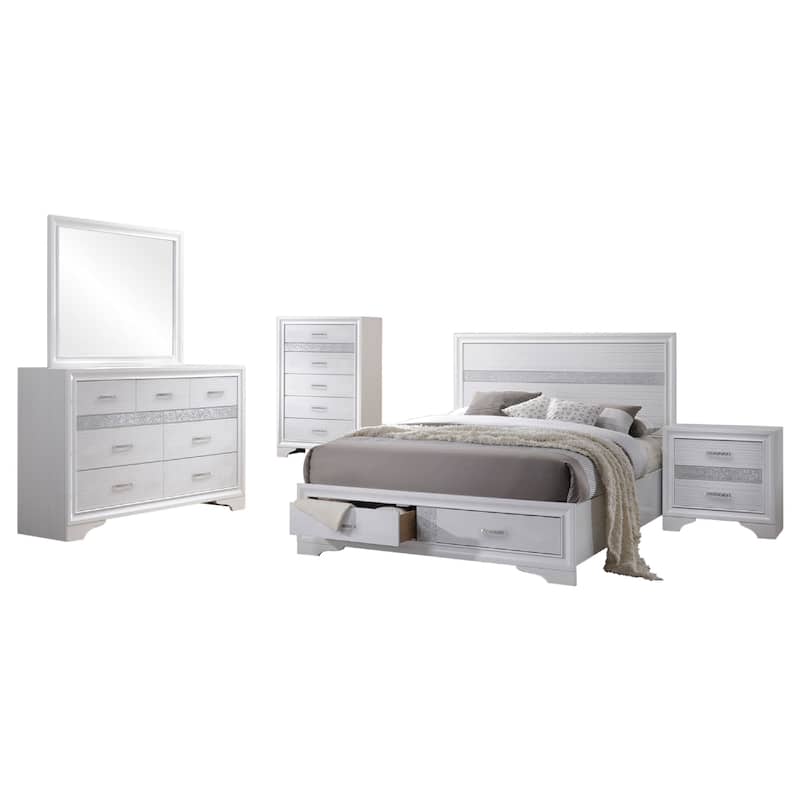 Vino White 5pc California King Bed Set with Dressers, Glitter Accent