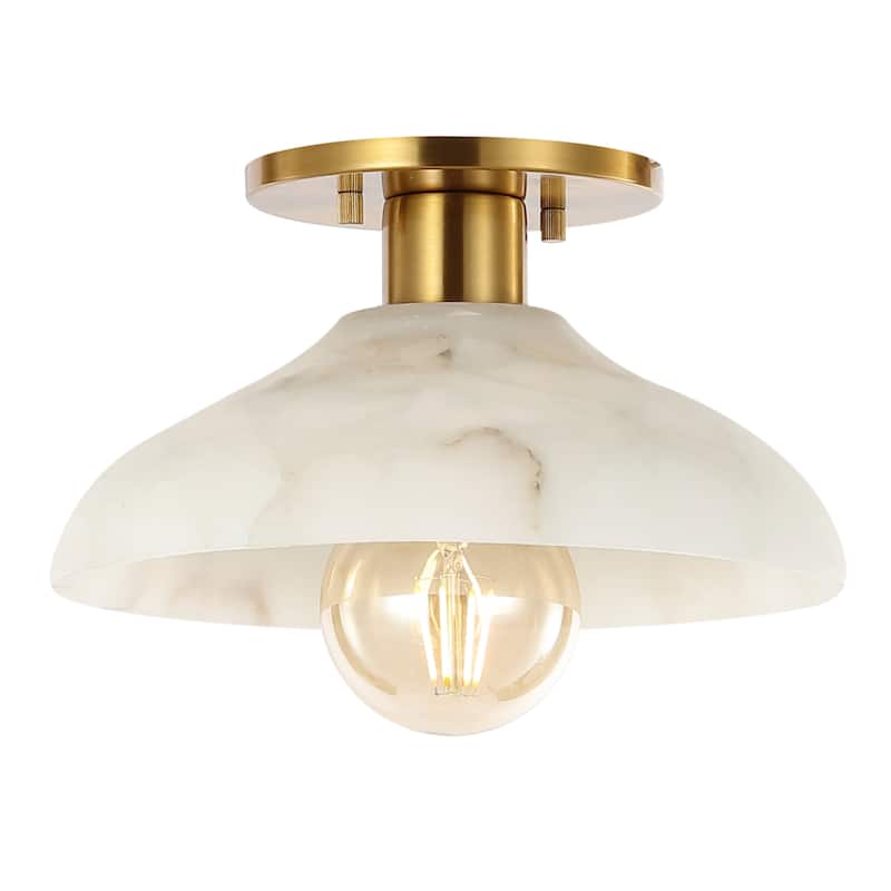 Aubrey 10" 1-Light Mid-Century Classic Alabaster/Iron LED Semi Flush Mount, White/Brass Gold, by JONATHAN Y - White