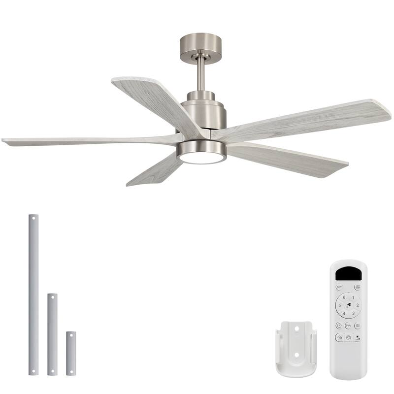 Sofucor 52 Inch Ceiling Fan with Light,6-Speed Quiet Remote Control,Dimmable LED,for Living Room, Bedroom and other Indoor - Nickel with Gray Solid wood Blades