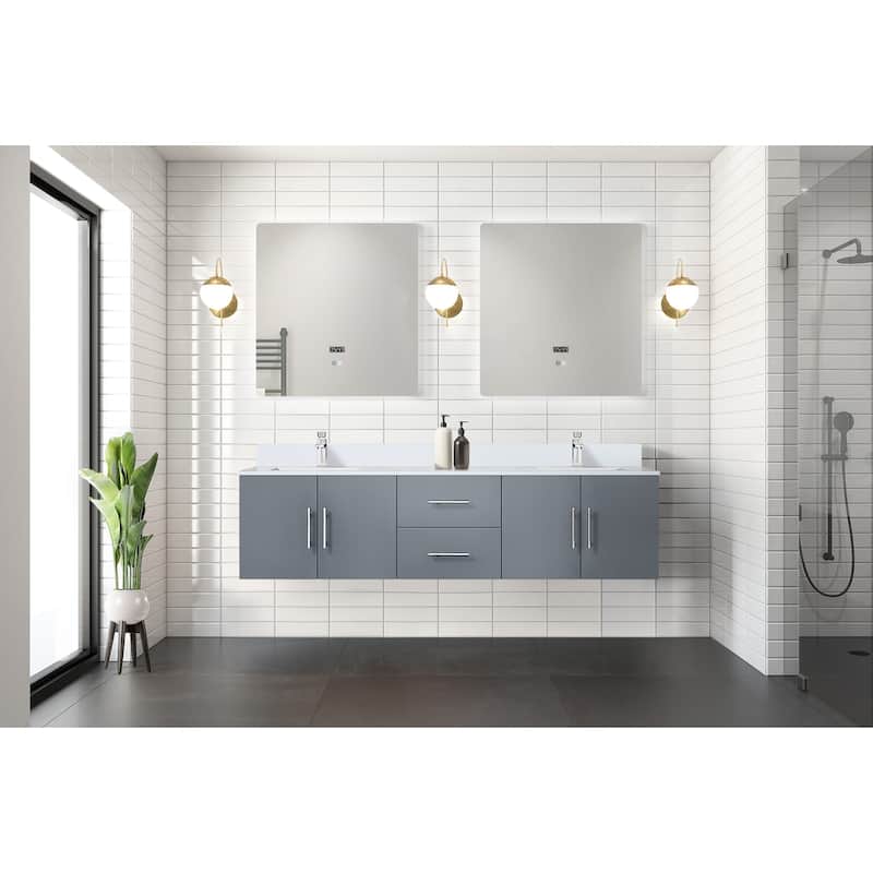 Geneva 72 in. W x 22 in. D Dark Grey Double Bath Vanity, White Quartz Top, Faucet Set, and 30 in. LED Mirrors