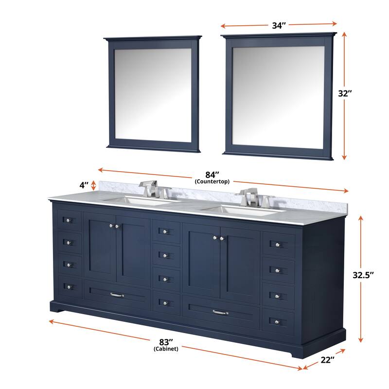 Dukes 84 in. W x 22 in. D Navy Blue Double Bath Vanity, Carrara Marble Top, Faucet Set, and 34 in. Mirrors