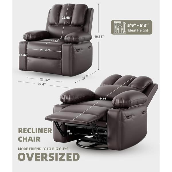 dimension image slide 6 of 15, Oversized power recliner with heat, massage, 360 degrees swivel, and cup holder.
