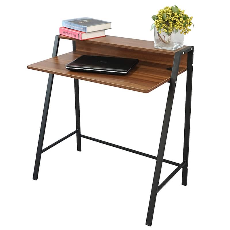 2 Tier Computer Desk Wood Sturdy Frame Compact Writing Table