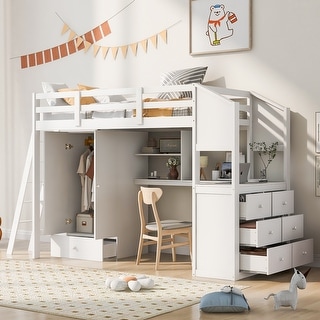Pine Wood Loft Bed with Wardrobe, Desk, and Swappable Ladder