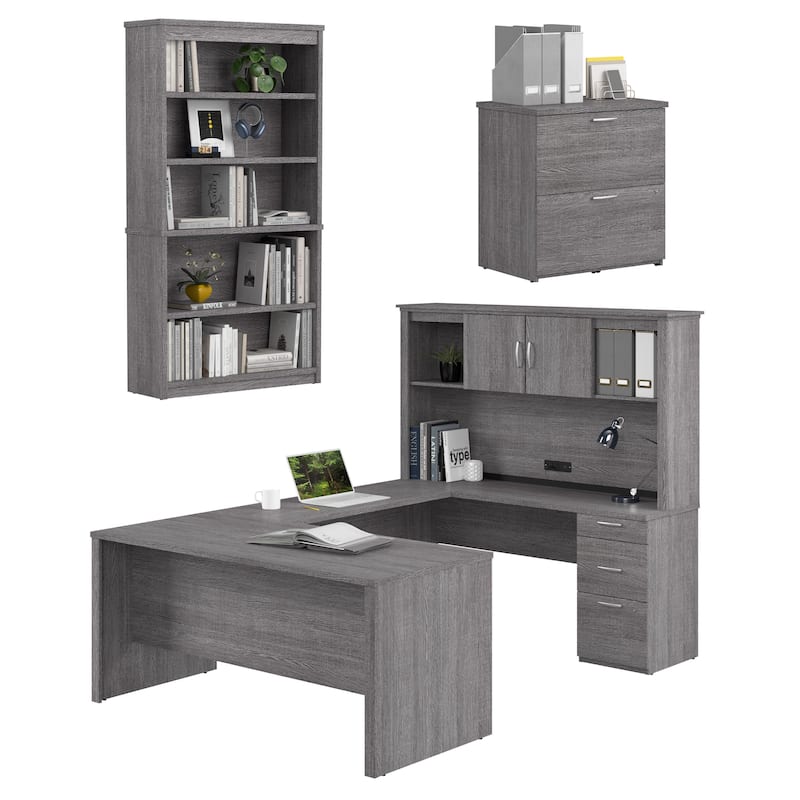Bestar Logan 66W U-Shaped Desk with Hutch, File Cabinet, and Bookcase - Bark Grey