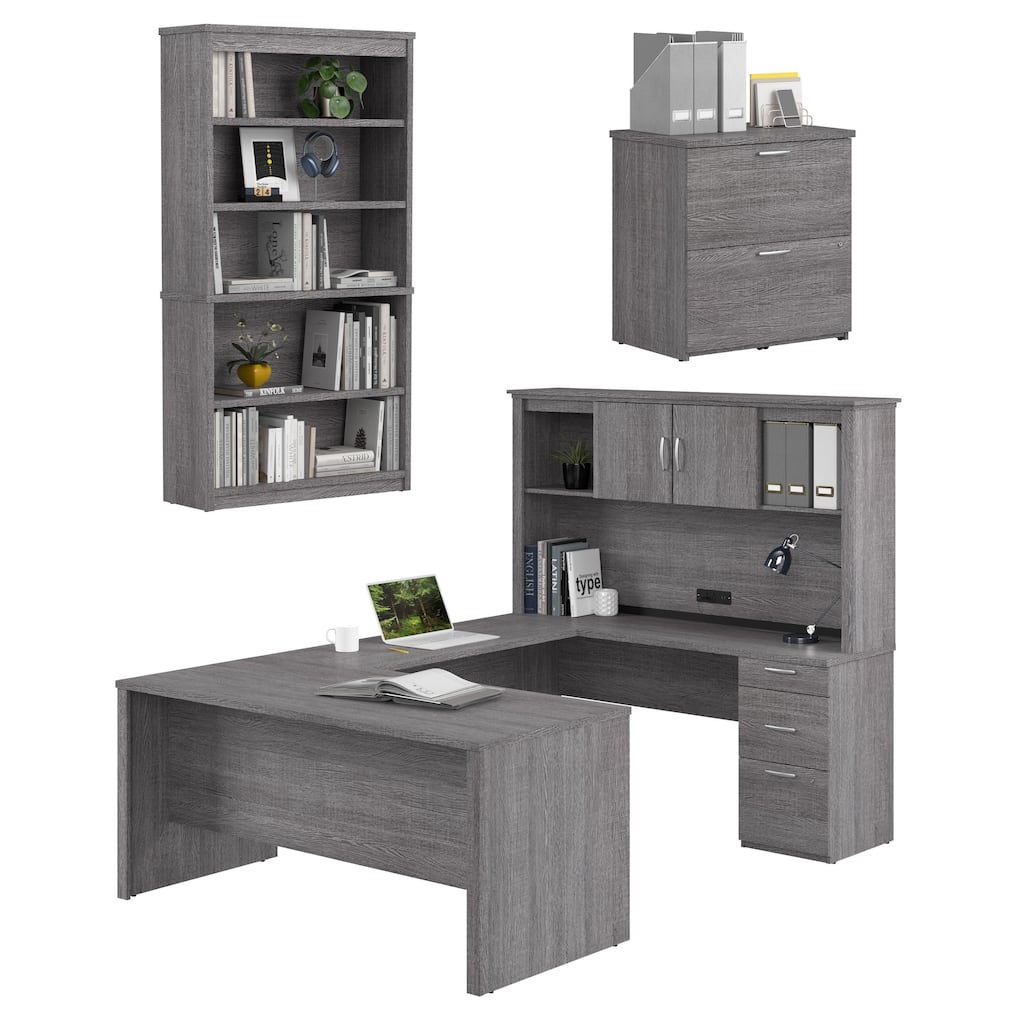 Bestar Logan 66W U-Shaped Desk with Hutch, File Cabinet, and Bookcase