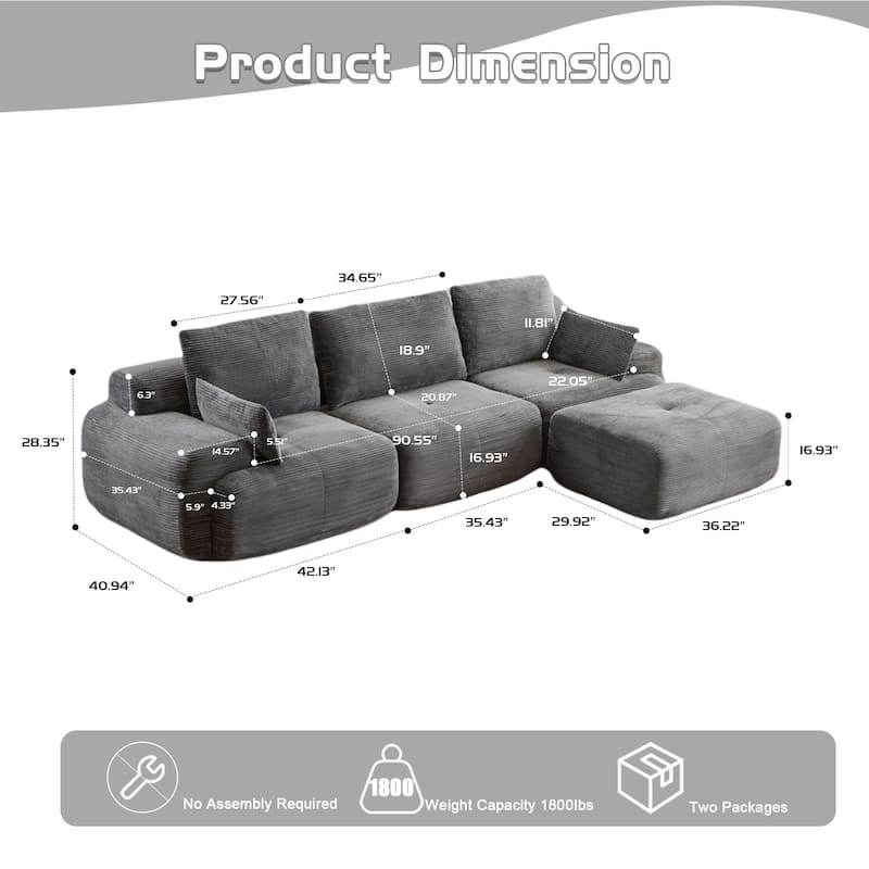 Ergonomic Deep Seat L-shaped Sectional Sofa with Chaise, Pet-Friendly Corduroy Modular Memory Foam Compressed Couch with Ottoman