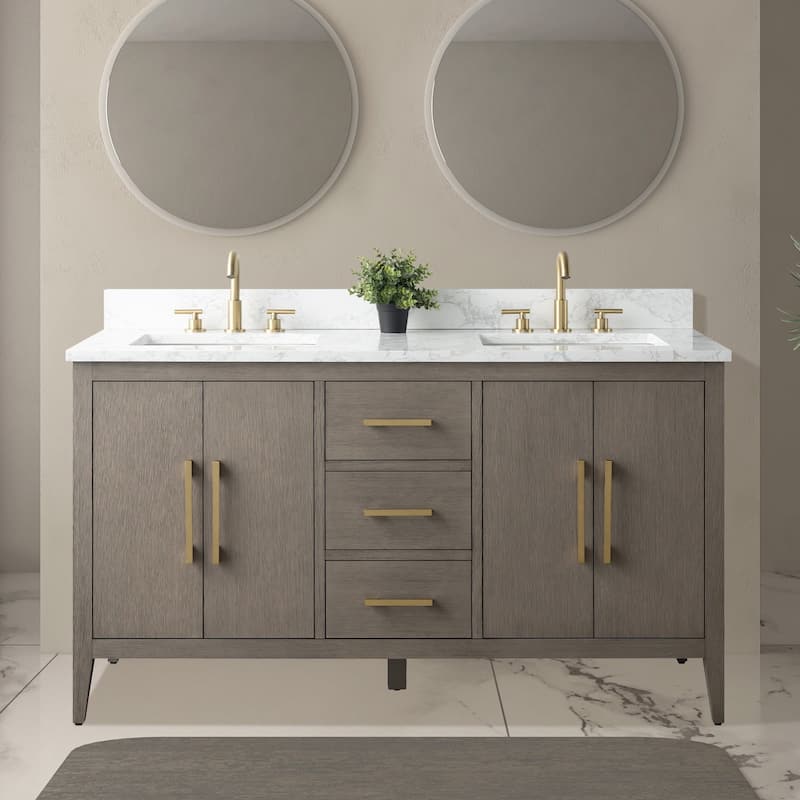 Vanity Art 60" Double Sink Bathroom Vanity Cabinet with Engineered Marble Top - 60"/Golden Brushed Handle - Driftwood Gray