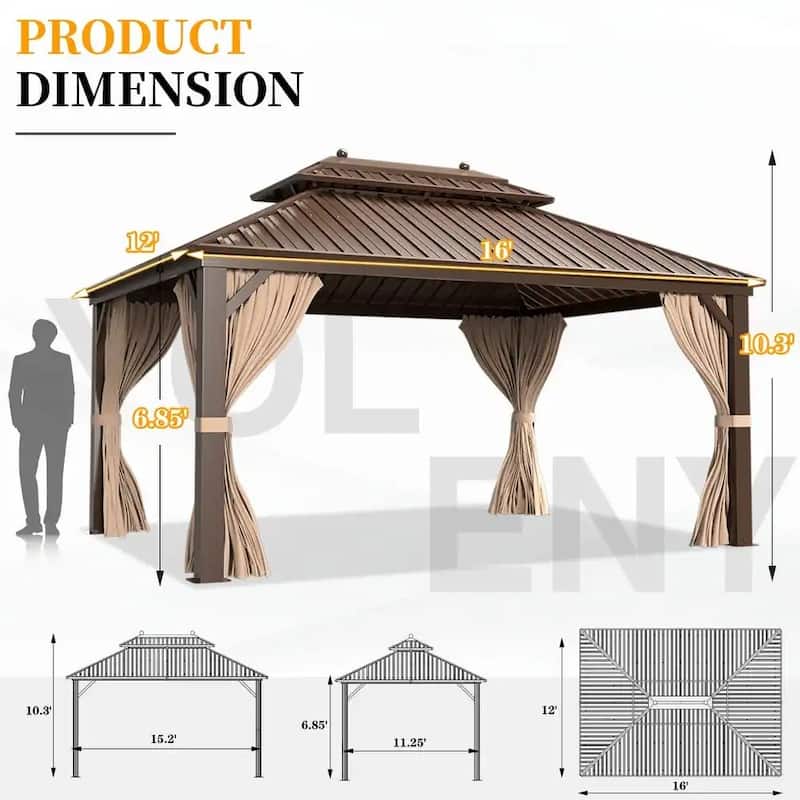 EROMMY 12x16 Outdoor Pergola with Galvanized Steel Roof, Aluminum Frame, and Vertical Rain Gutters