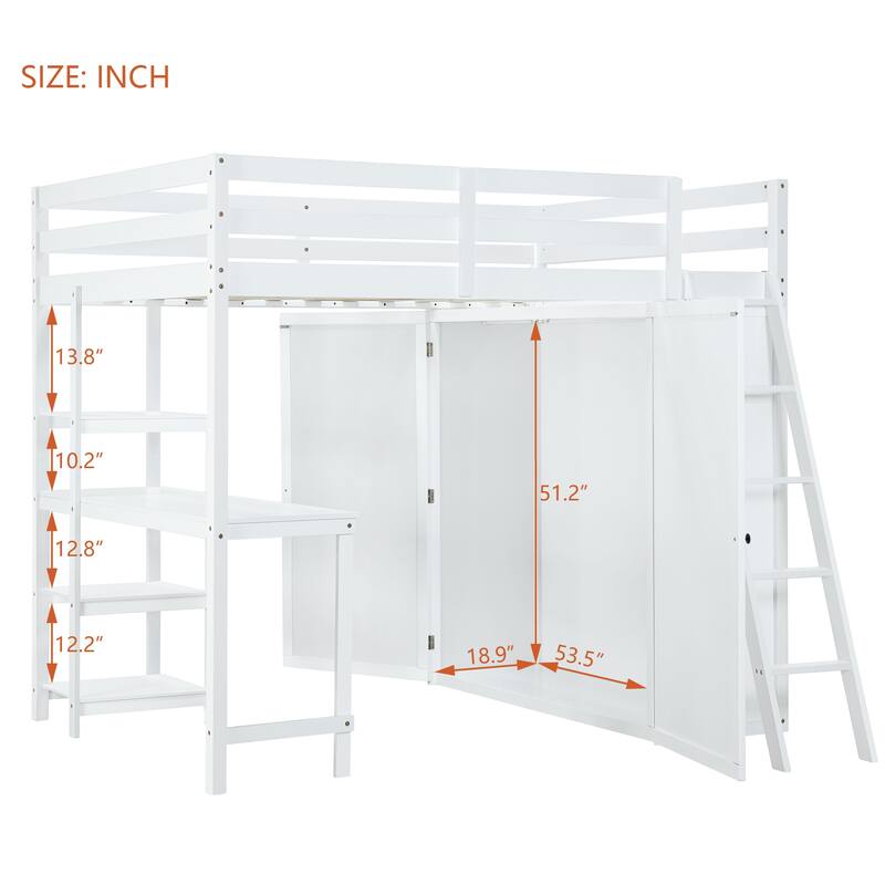 Full Size Loft Bed with Wardrobe, Desk, and Shelves - Space-Saving Design