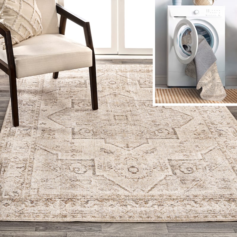 JONATHAN Y Retro Vintage Native American Medallion Machine-Washable Cream/Brown Area Rug