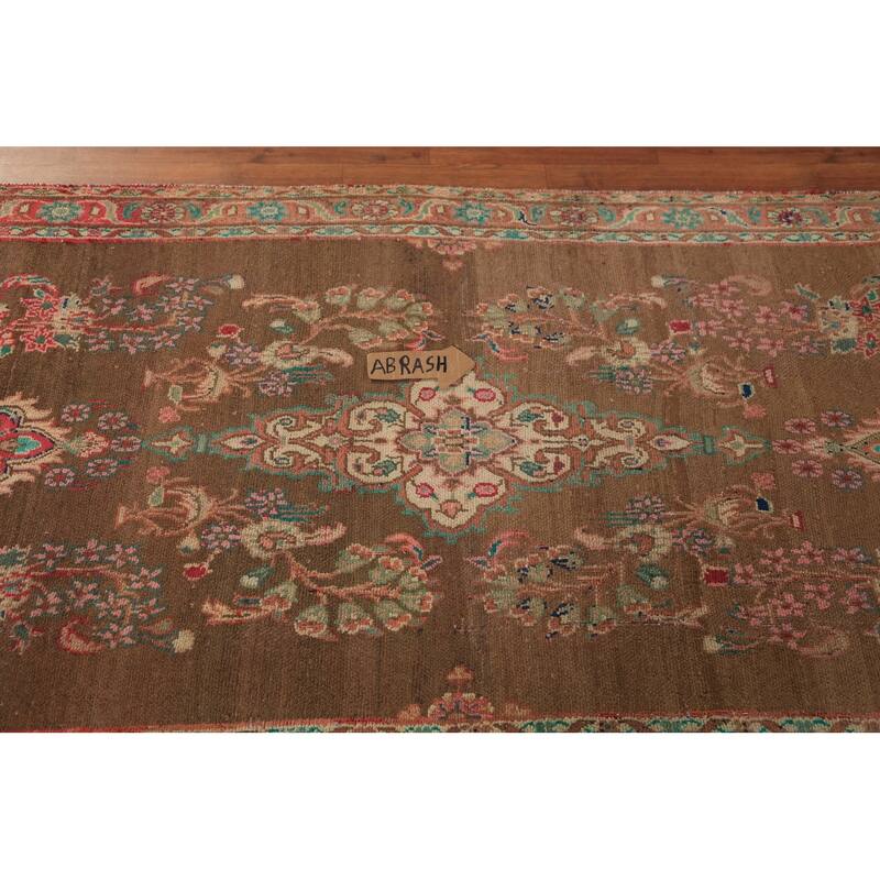 Brown Floral Mahal Persian Runner Rug Handmade Wool Carpet - 3'4"x 10'11"