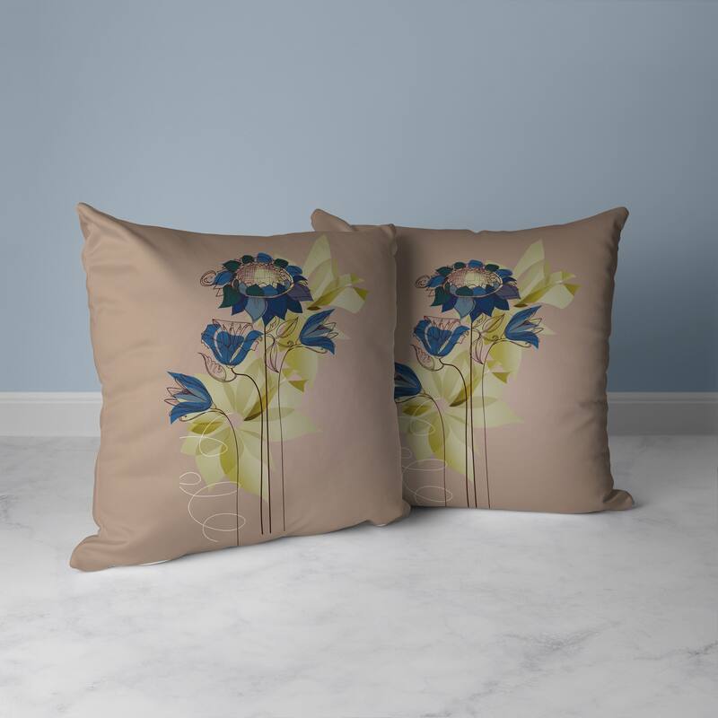 Flowers Line Art Faux Suede Reversible Throw Pillow Pink and Blue