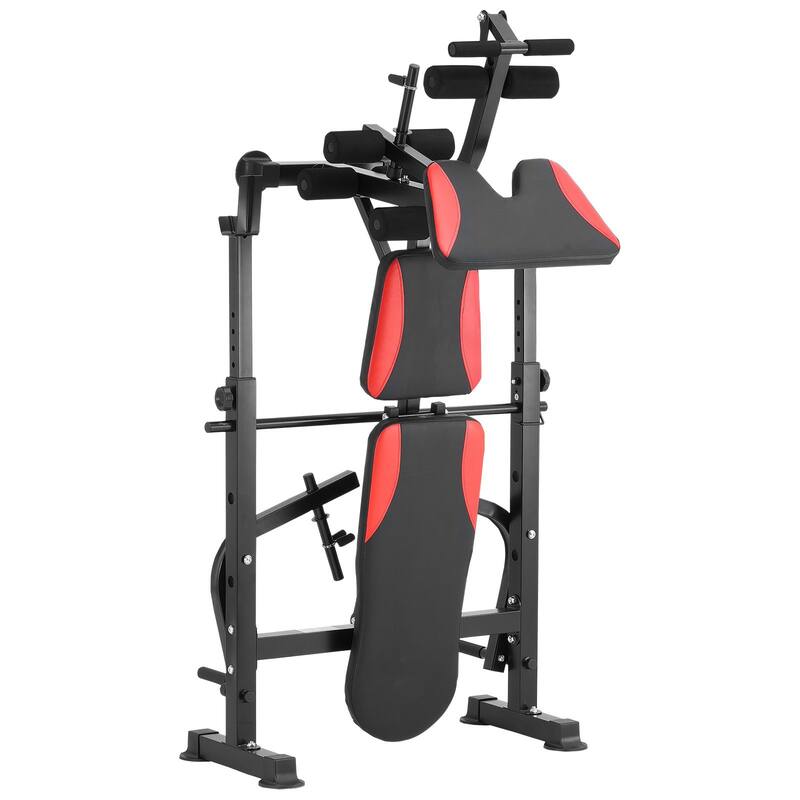 Black Red Steel Workout Bench with Rack, Foldable and Adjustable - 68.1” L x 53.9” W x 51.2” H