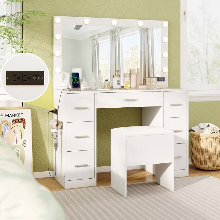 White Vanity Set with LED Lighted Mirror Charging Station, Storage and Modern Design - 43.5" x 16" x 53"
