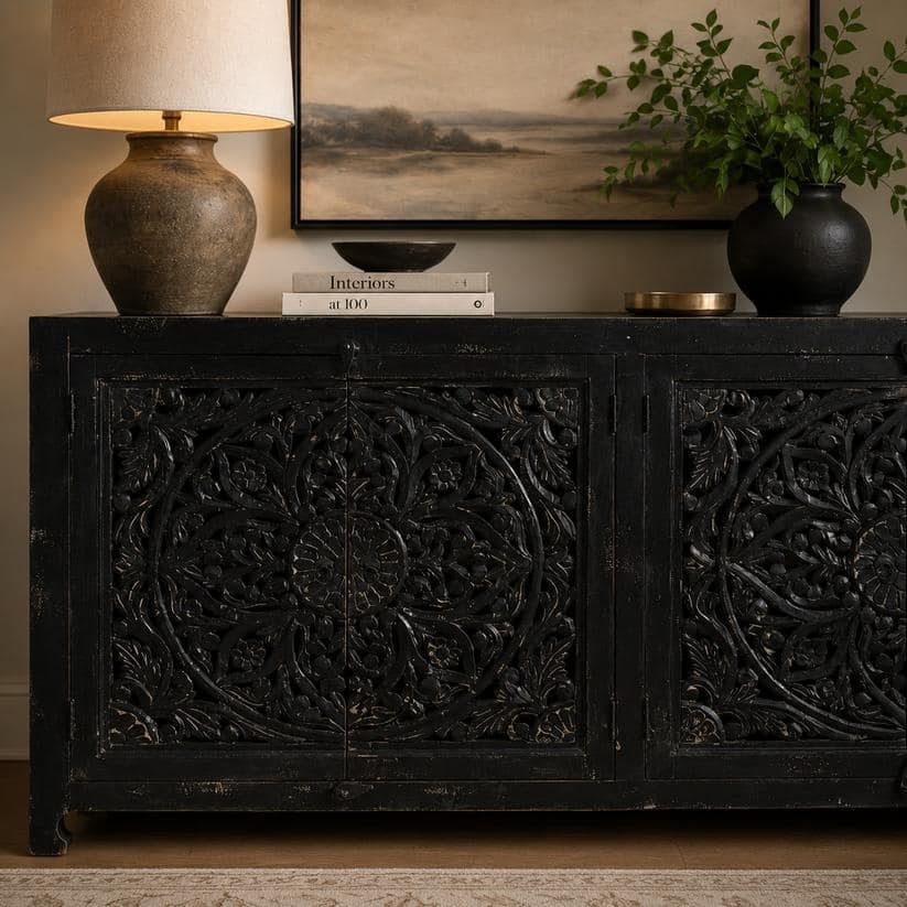 Hawk Black Hand carved 4 Door Buffet Sideboard - N/A