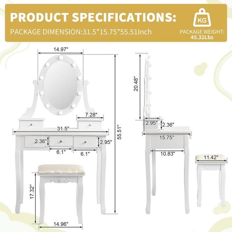 Modern 5-Drawer Vanity Makeup Table Set With Light Bulbs