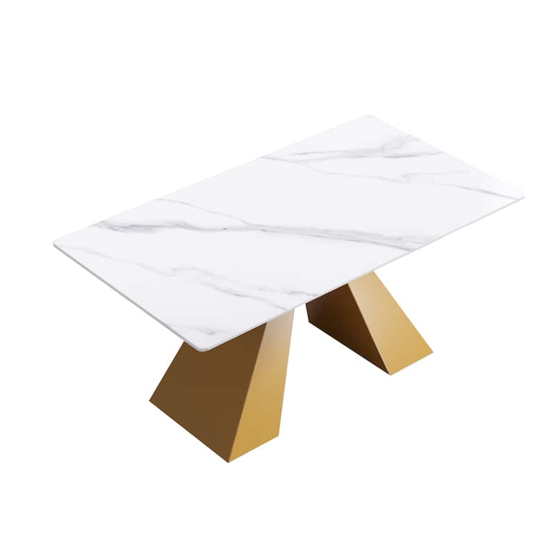 63"Modern artificial stone white straight edge metal leg dining table -6 people