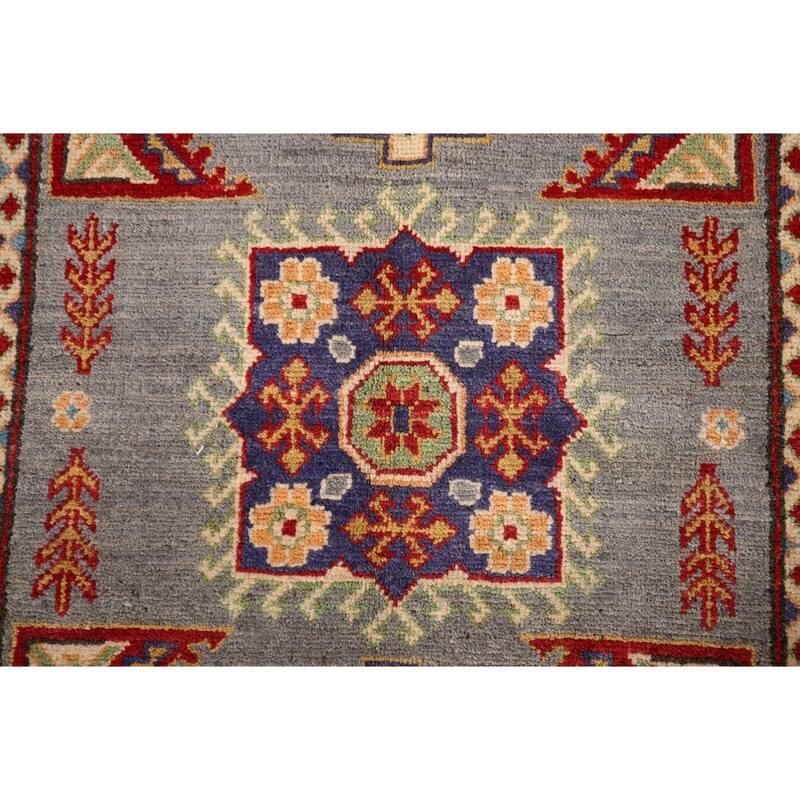 Geometric Grey Kazak Foyer Rug Hand-Knotted Wool Carpet - 3'5" x 4'10"