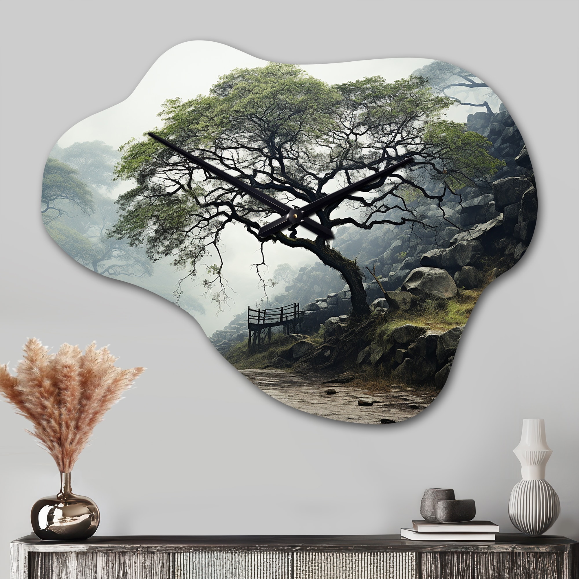 Designart - Green Tree Monochrome Elegance - Tree Monochrome Large Wall Clocks - Traditional Wall Clock in Cloud Shape