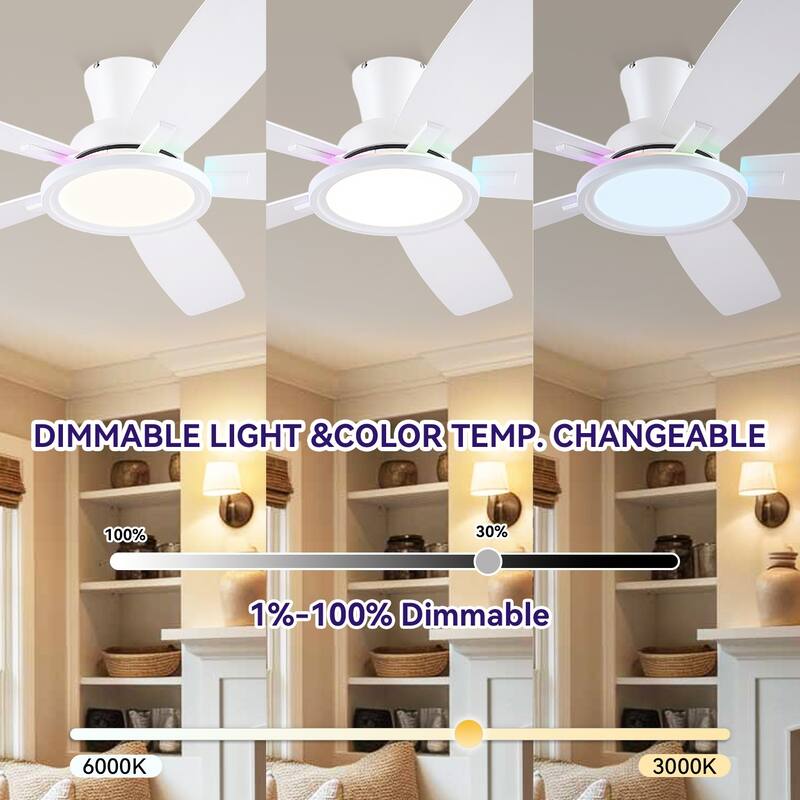 52 Inches RGB Flush Mount Ceiling Fan with Light,Reversible DC Motor for Bedroom Living Room Patio