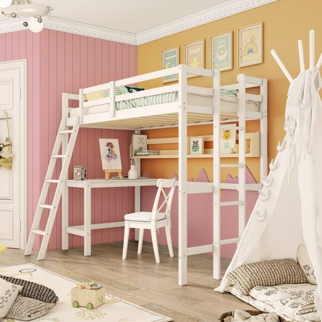Twin Size Loft Bed Frame with Desk Angled and Built-in Ladder