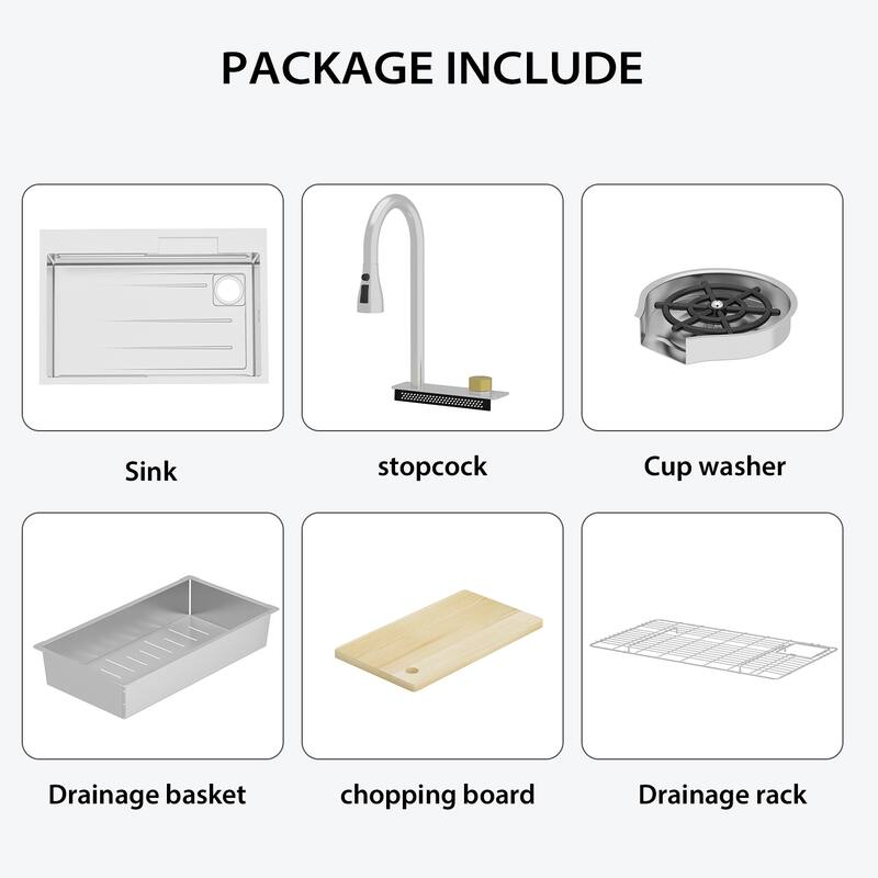 32.2"W Apron Single Bowl Workstation Kitchen Sink 304 Stainless Steel