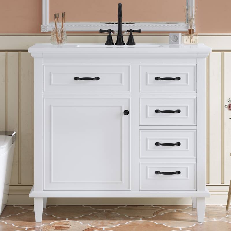 Roomfitters 36" Bathroom Vanity with Sink, Solid Wood Frame, 2 Flip Drawers & Soft-Close Cabinet with Door Rack - White