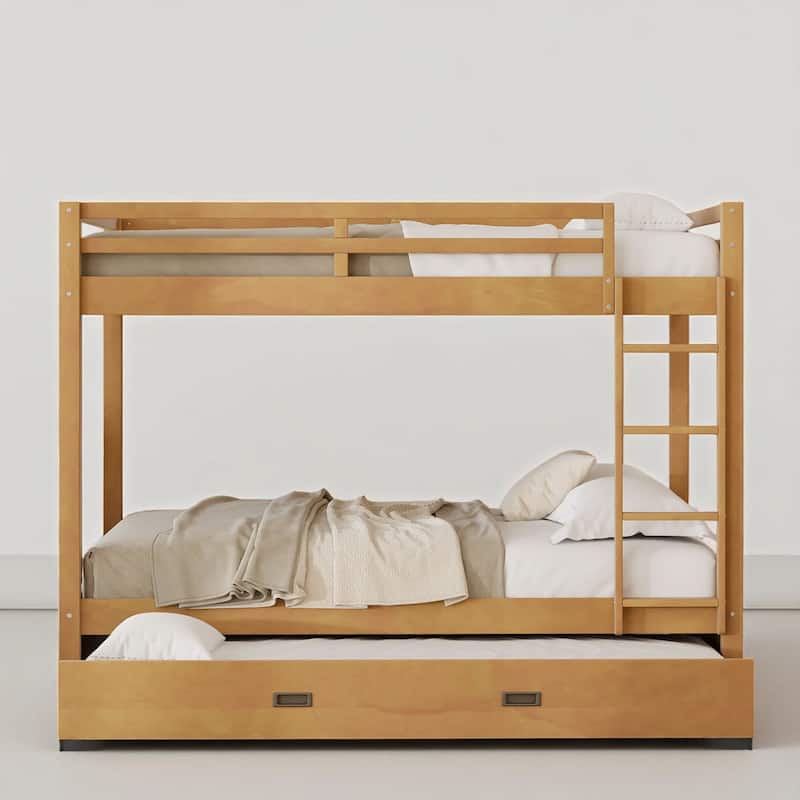 Wood Queen Bunk Bed Frame with Ladder and Trundle, Slatted Support, Safe Railings, Easy Assembly Included