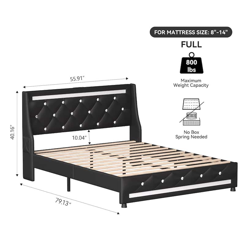 Heavy Duty Metal Bed Frame with Wood Slat, Upholstered Wingback Platform Bed, Diamond Tufted LED Headboard with Charging Station