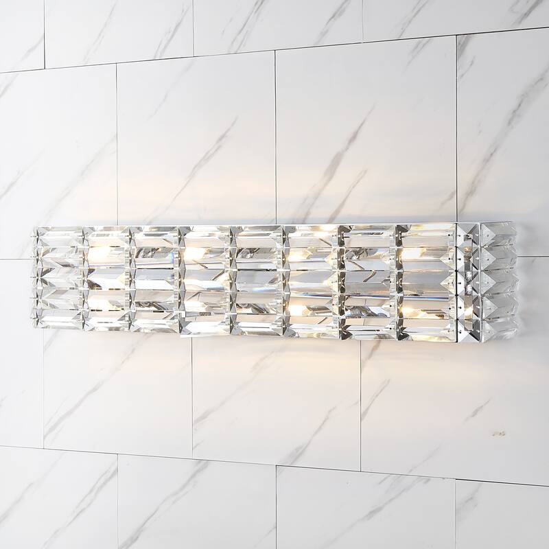 Maeve Crystal Rectangle 3-Light Iron/Crystal Glam Modern LED Vanity Light, by JONATHAN Y - 4 Bulb