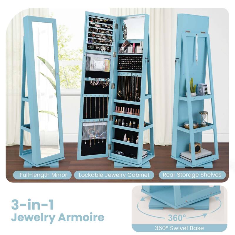 Costway 360degree Rotatable Jewelry Cabinet 2-in-1 Lockable Mirrored - See Details