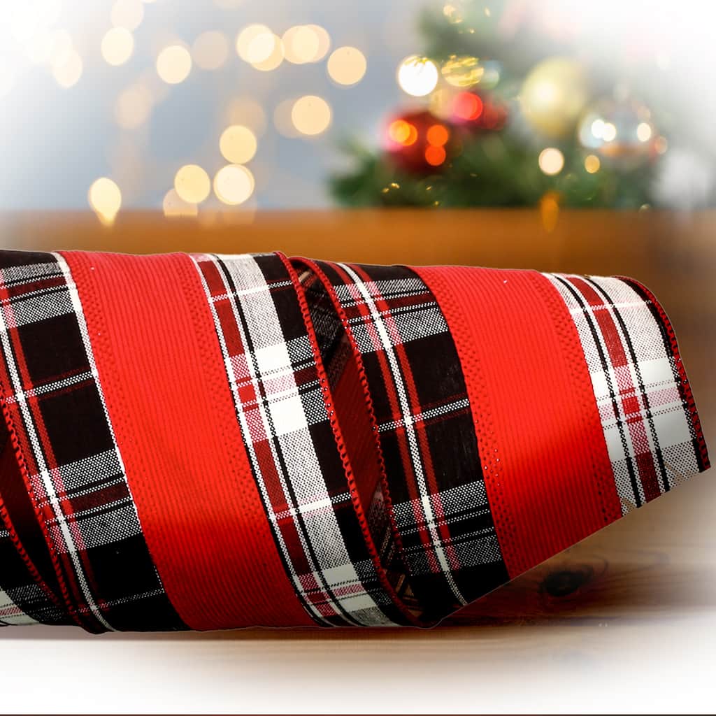 4"X10y Check Edge Stripe Wired Ribbon - 4" x 10 Yards
