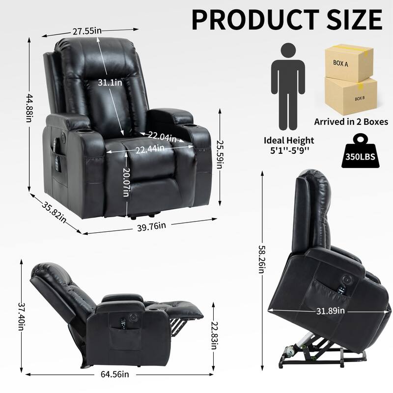 Black Elderly-Friendly Power Lift Recliner with Vibration Massage, Lumbar Heating, USB Port, and Cup Holders