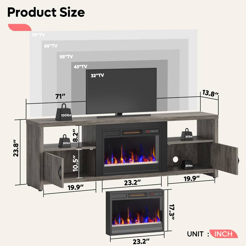70" TV Stand for 75" TVs with LED Fireplace Light and Cabinet - 71 inches