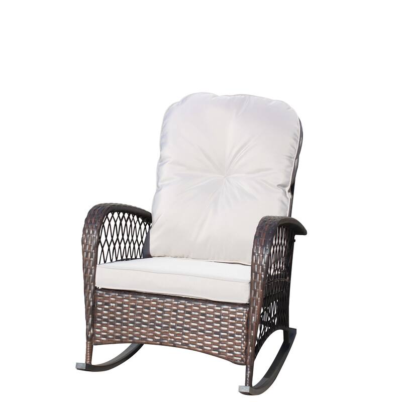 Outdoor Wicker Rocking Chair with Wide Seat, Thick, Soft Cushion, Rattan Rocker w/Steel Frame, High Weight Capacity