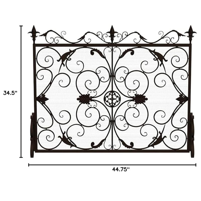 Roomfitters Iron Fireplace Screen, Ornate Scrollwork Spark Guard, Decorative Mesh Metal Fireguard for Hearth Safety, Brown
