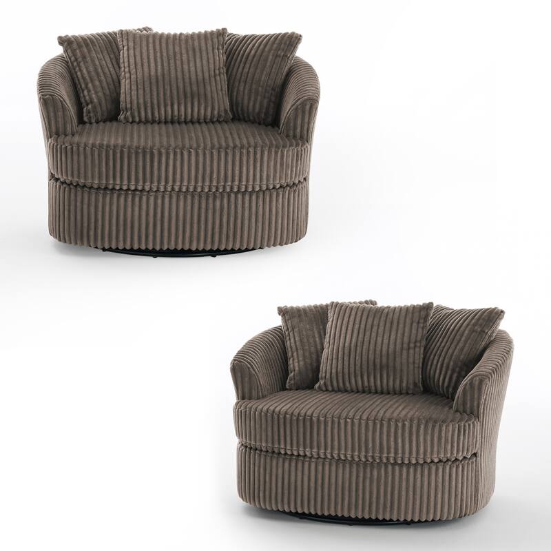 Oversized 43" W Plush Corduroy Slipcovered Swivel Barrel Chair with Pillows Set of 2
