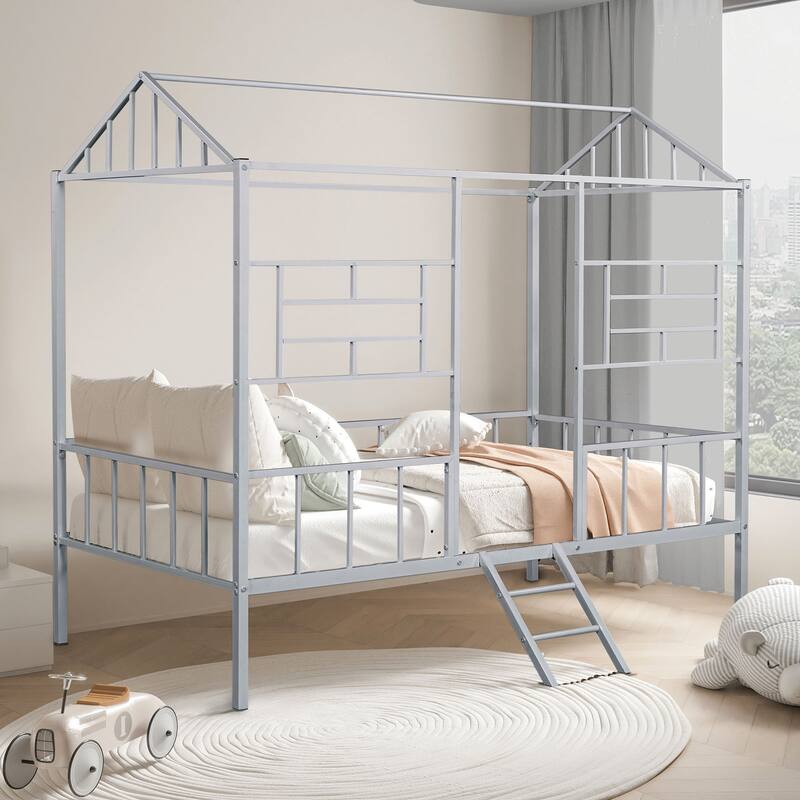 Twin Loft Bed with Angled Ladder and House Design, Silver Metal Frame, Contemporary Style - Silver