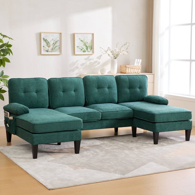 HOMEFUN Linen Upholstered U-Shaped 4-seater Tufted Wood Frame Sectional Sofa with Side Pocket - Green