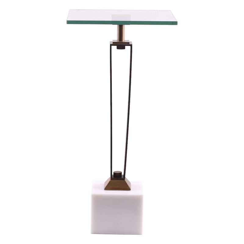 11" Brushed Brass Square Glass Marble Pedestal End Table
