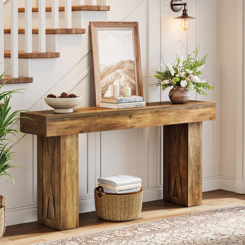63-Inch Wood Narrow Console Sofa Table with Pedestal for Entryway